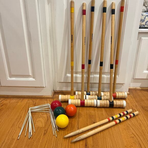 Vintage Wooden Croquet Set Blue Bag Sportcraft 6 Player Missing Two Balls Color - Picture 1 of 7